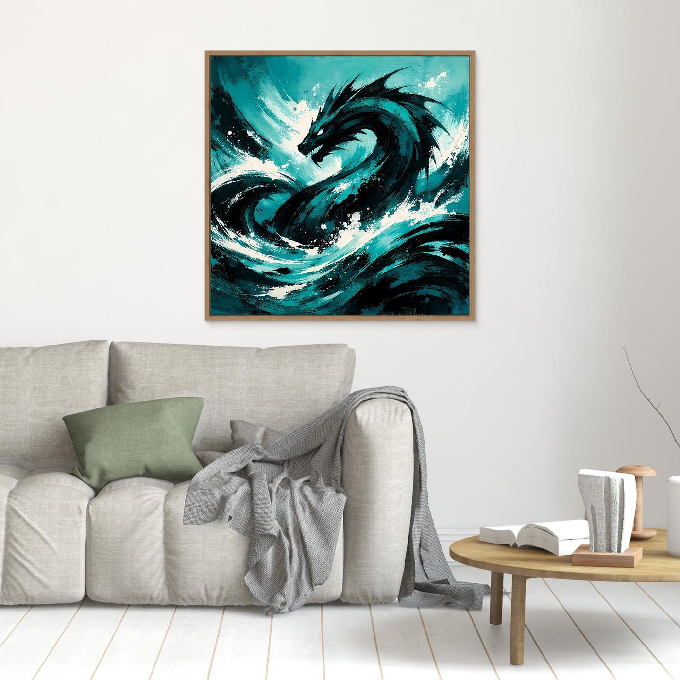 Wandbild mit Seeungeheuer in türkisblauer Welle, goldener Holzrahmen