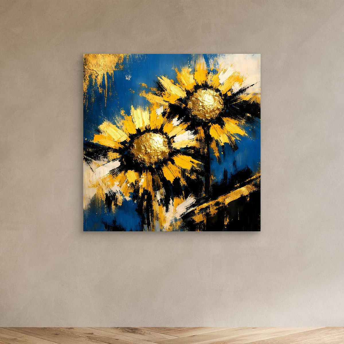 Abstraktes Sonnenblumen-Wandbild auf Leinwand, Blau mit gelben und goldenen Blüten