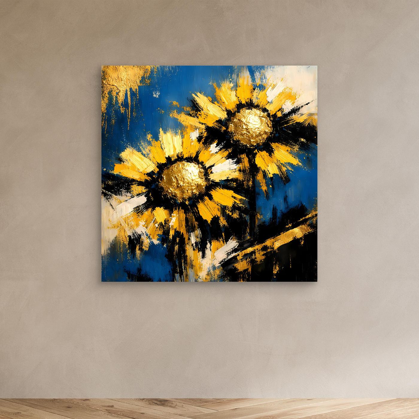 Abstraktes Sonnenblumen-Wandbild auf Leinwand, Blau mit gelben und goldenen Blüten