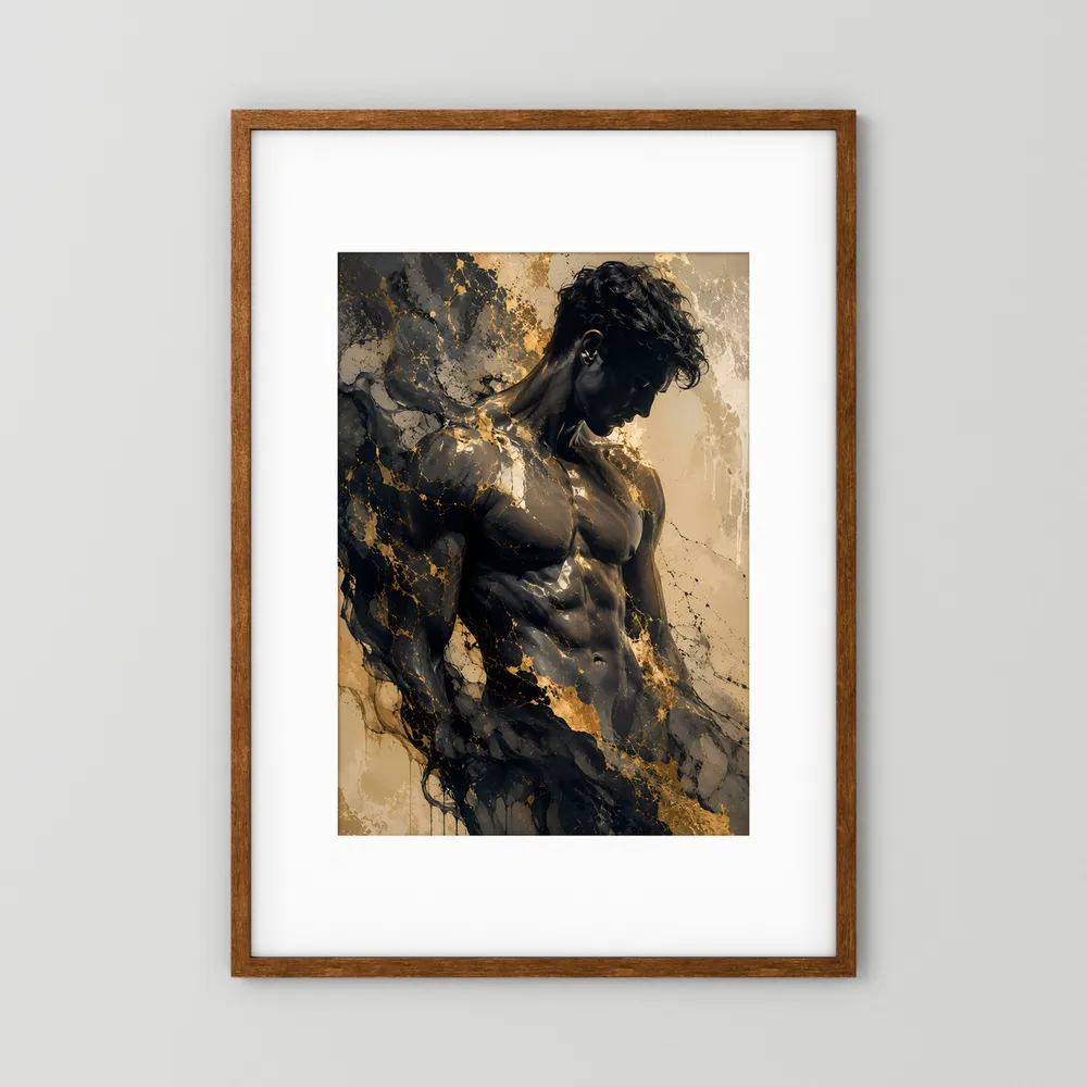 Hochformatiges Poster: abstrakter Männerkörper in Schwarz und Gold, brauner Holzrahmen