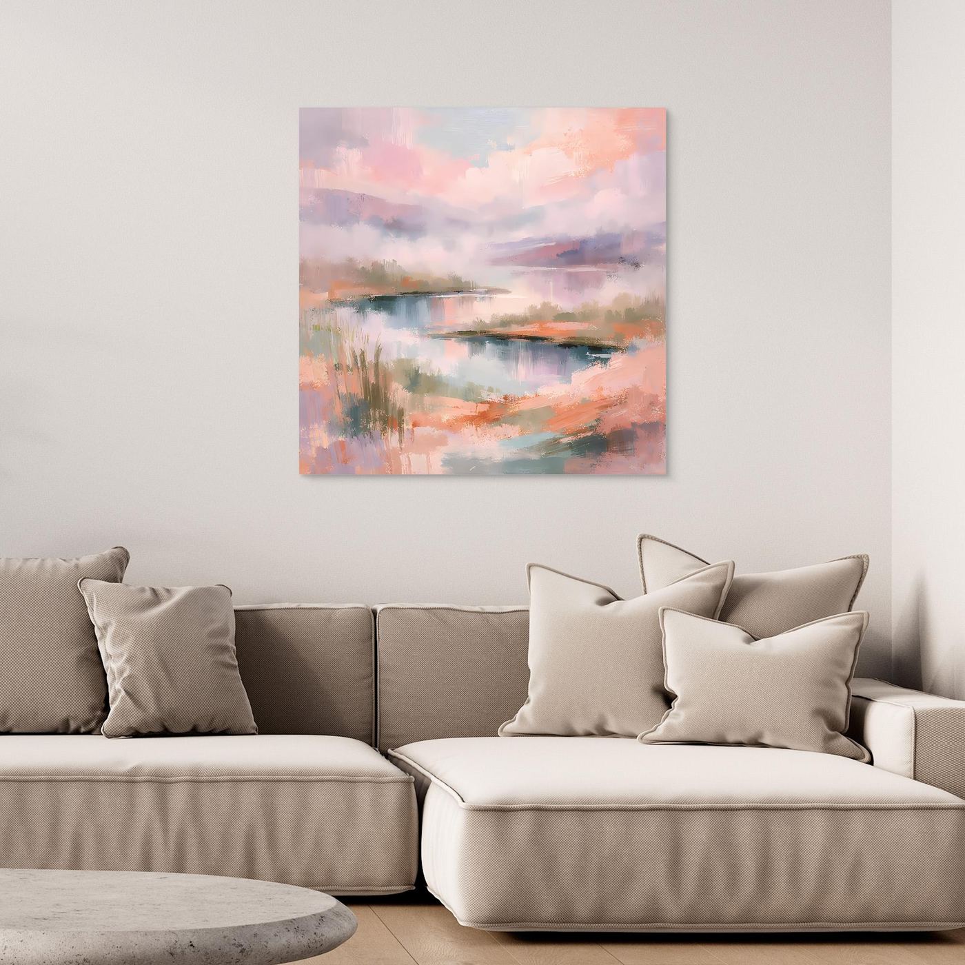 Abstraktes Pastell-Leinwandbild mit Seenlandschaft, rechteckig, ohne sichtbaren Rahmen
