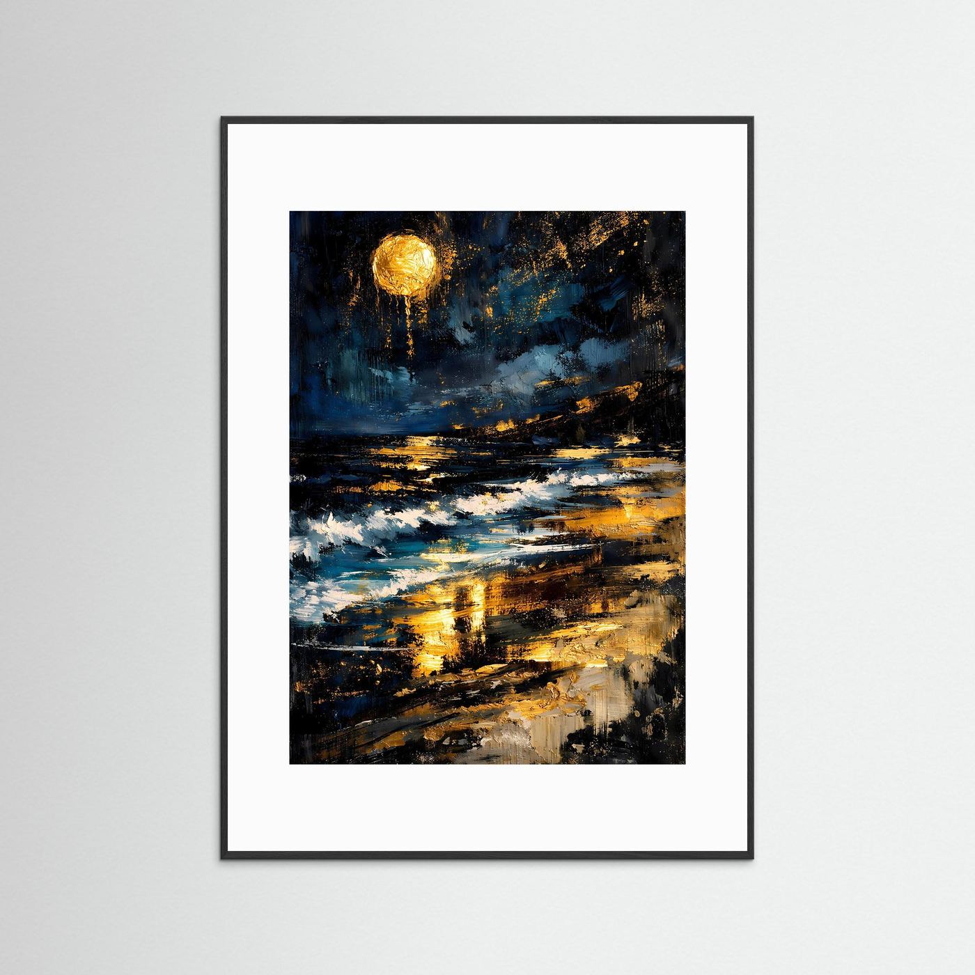 Abstraktes Poster: Meer mit Vollmond, dunkelblau-gold-schwarz, schwarzer Rahmen mit weißem Rand