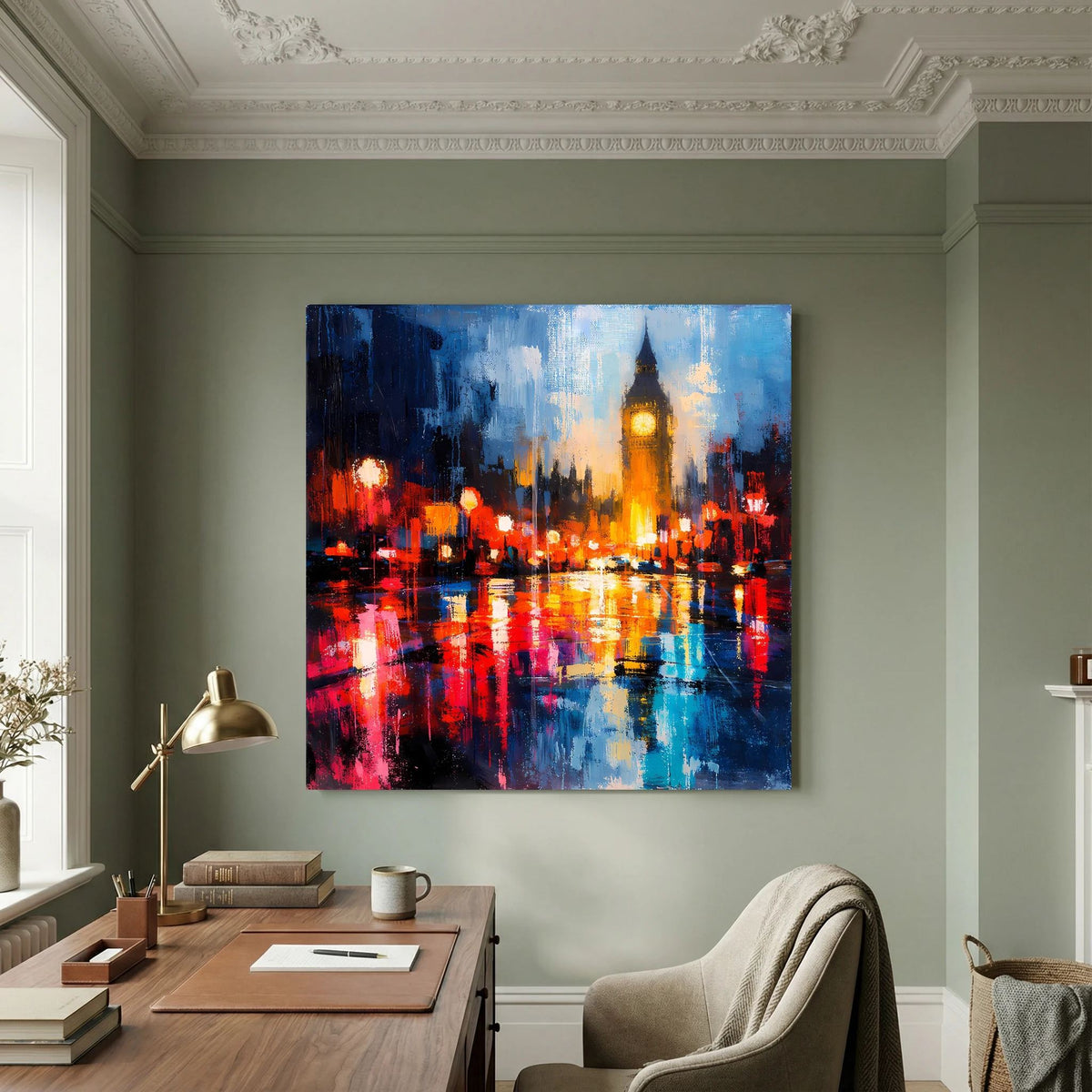 Leinwand Abstraktes Big Ben London Gemälde | Modernes Urbanes Wandbild bei Nacht