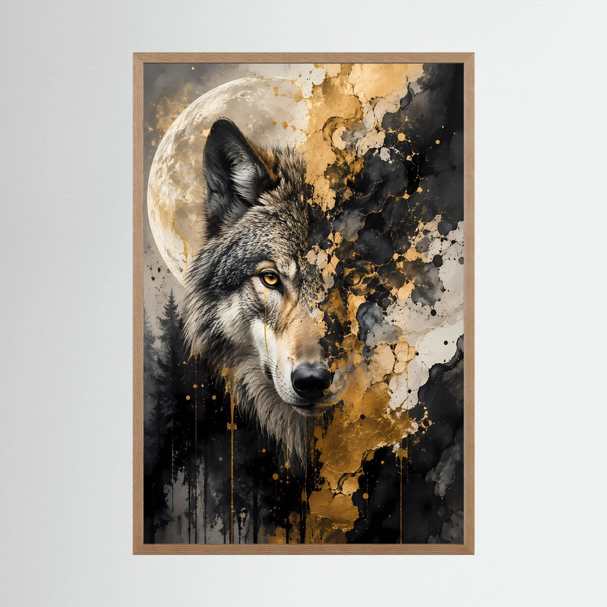 Poster im Hochformat mit Wolfskopf, Mond und schwarz-goldenem Spritzdesign im Eichenrahmen.