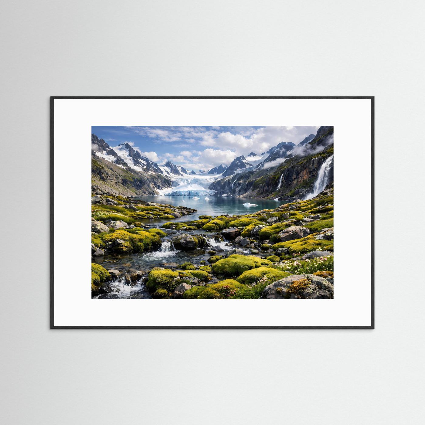 Naturposter mit Gletschersee und Wasserfall in Berglandschaft, schwarzer Rahmen mit weißem Rand
