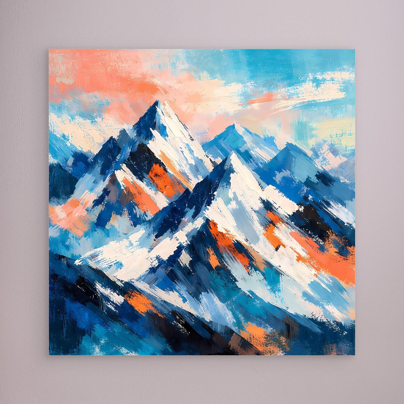 Abstraktes Leinwand-Wandbild mit Schneebergen in Blau, Weiß und Orange