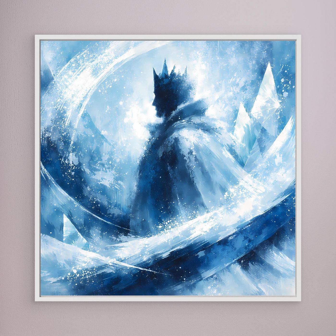 Leinwandbild mit abstraktem Wintermotiv in Blau, Silhouette mit Krone, weißer Rahmen