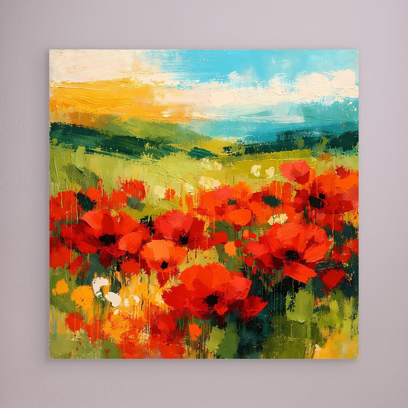 Abstract landscape wall art with red poppies, green fields, and blue sky; no frame