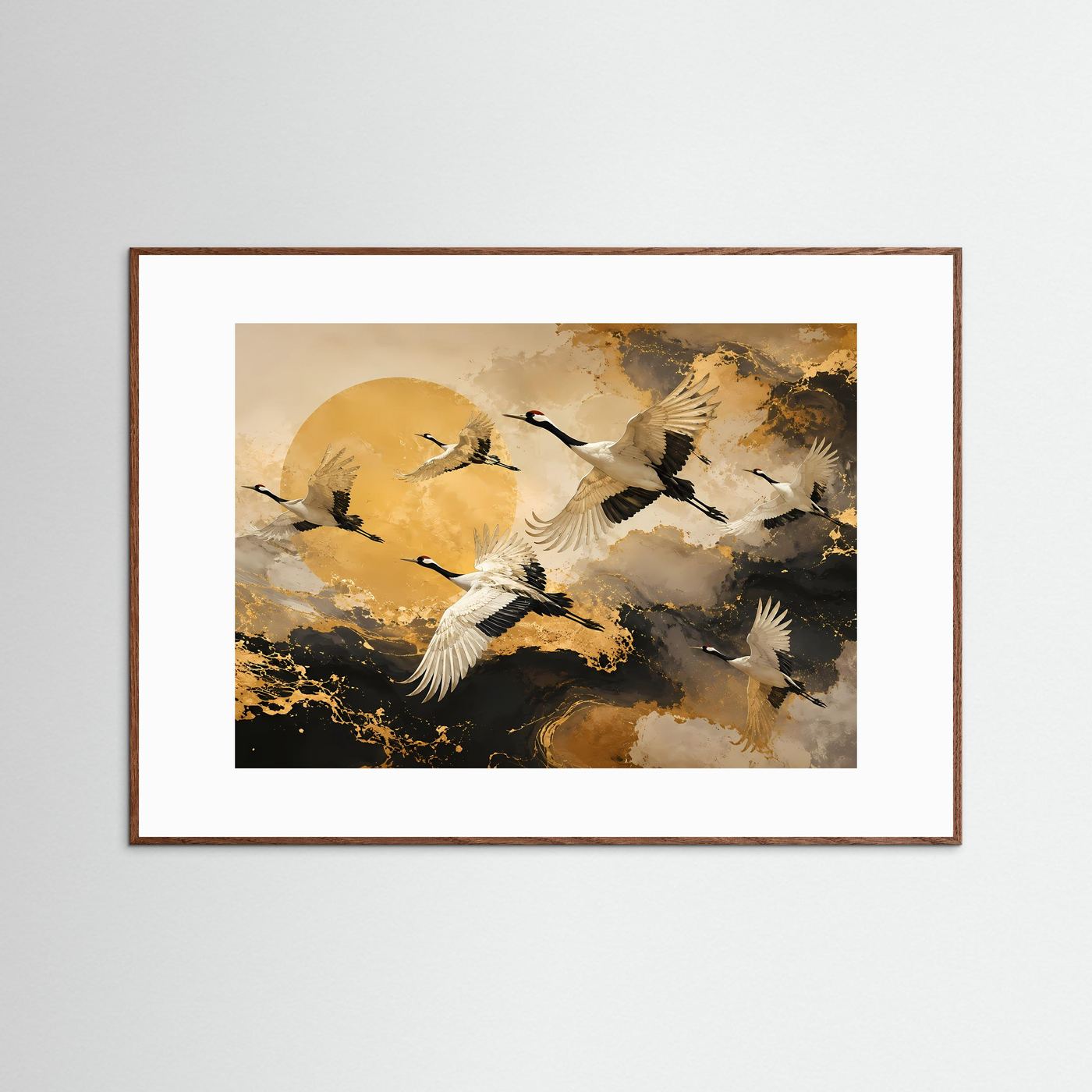 Anmutige Kraniche im goldenen Morgenlicht | Asiatische Natur & Abstrakte Kunst Poster Querformat