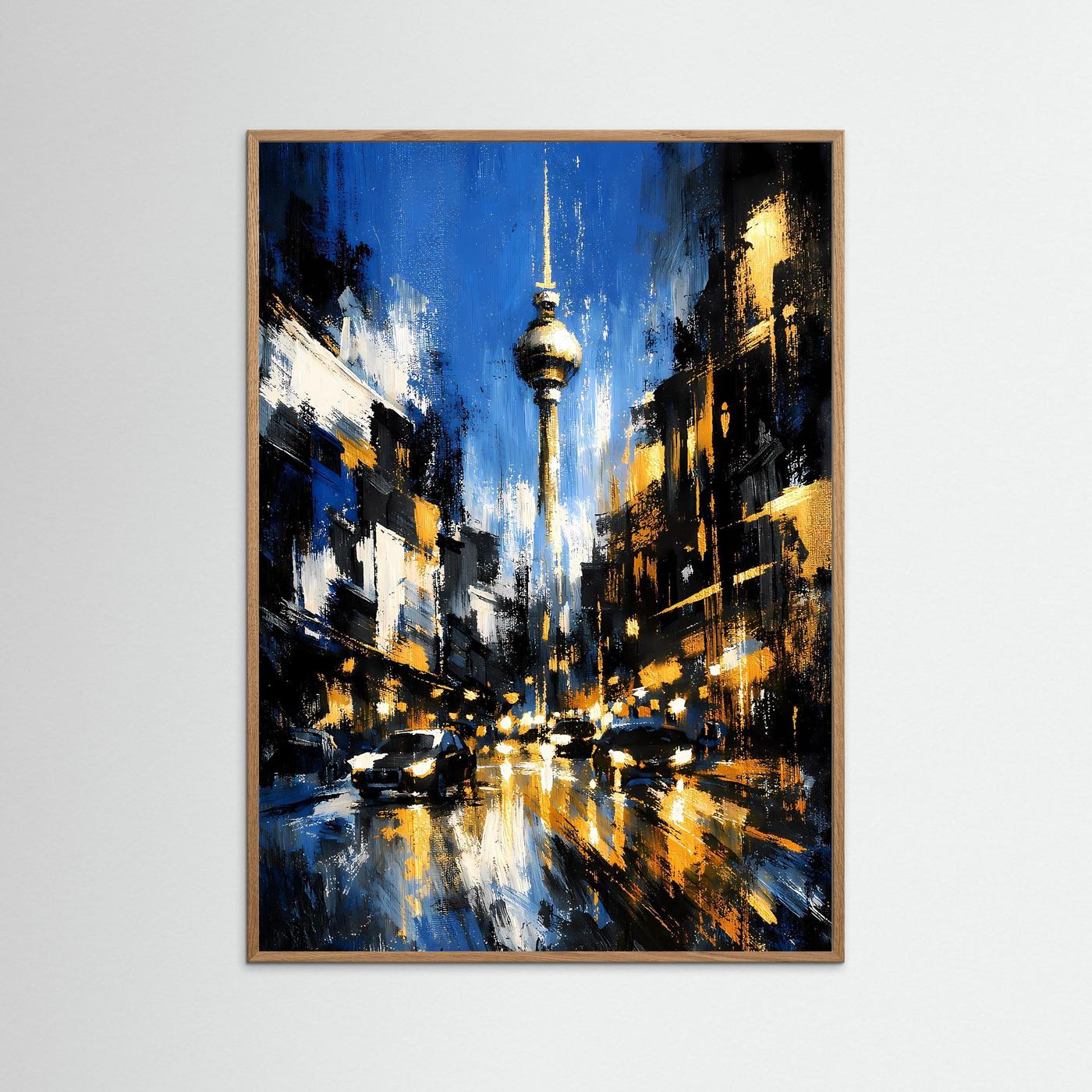 Hochformatiges Poster im braunen Holzrahmen: blaue Gasse mit goldenen Lichtpunkten
