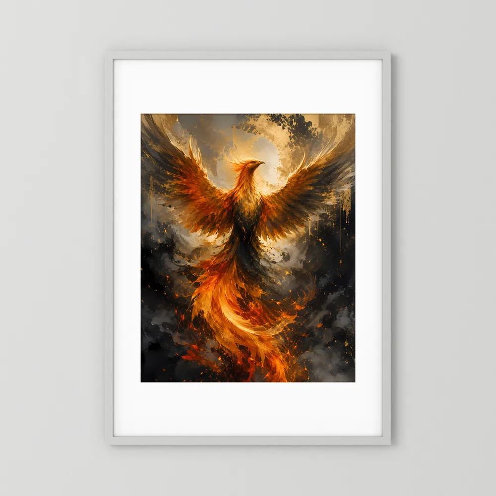 Poster im weißem Rahmen mit Rand, Phönix in gold-orange Flammen und Lichtkreis