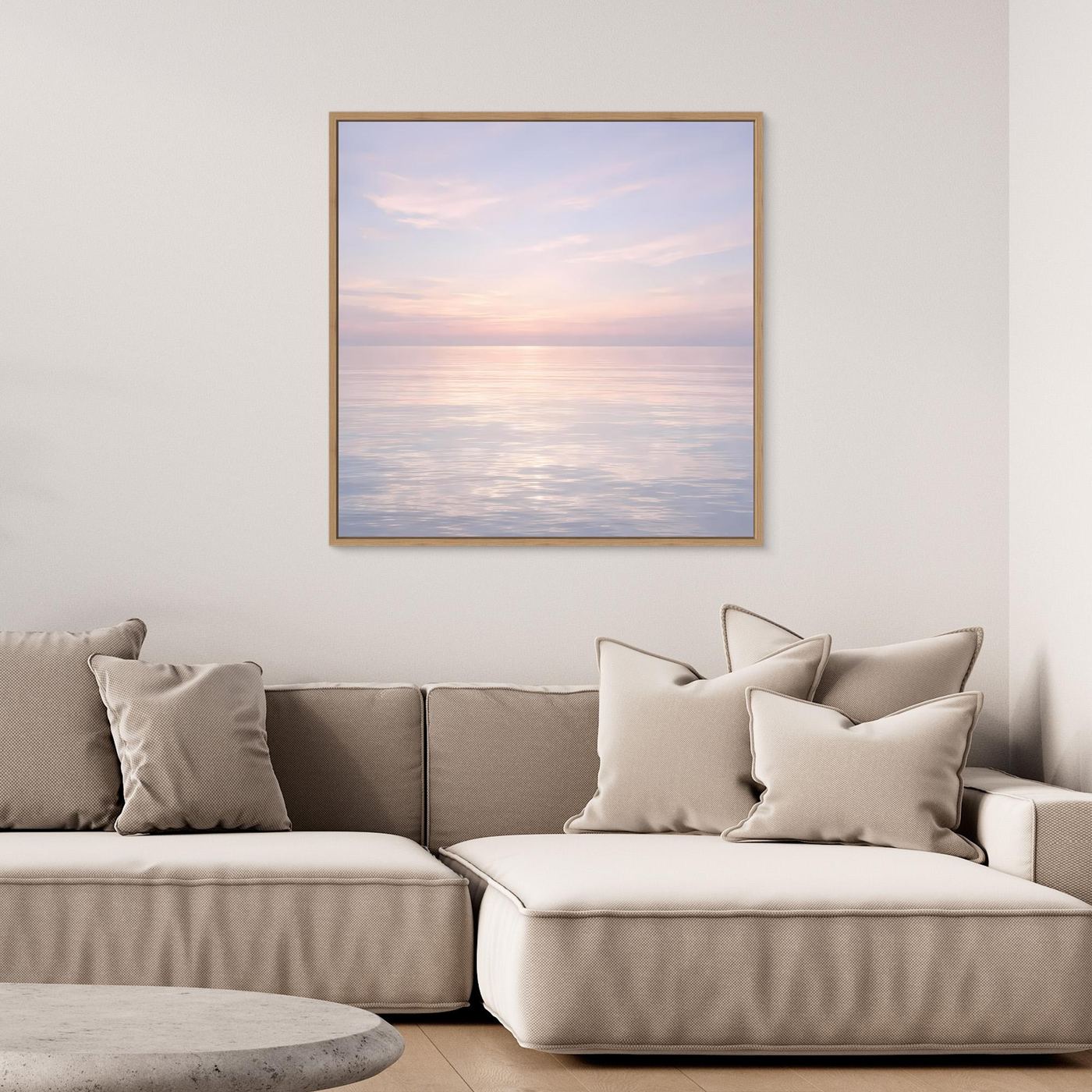 Wandbild mit Eichenholzrahmen: ruhiges Pastellmeer bei Sonnenuntergang