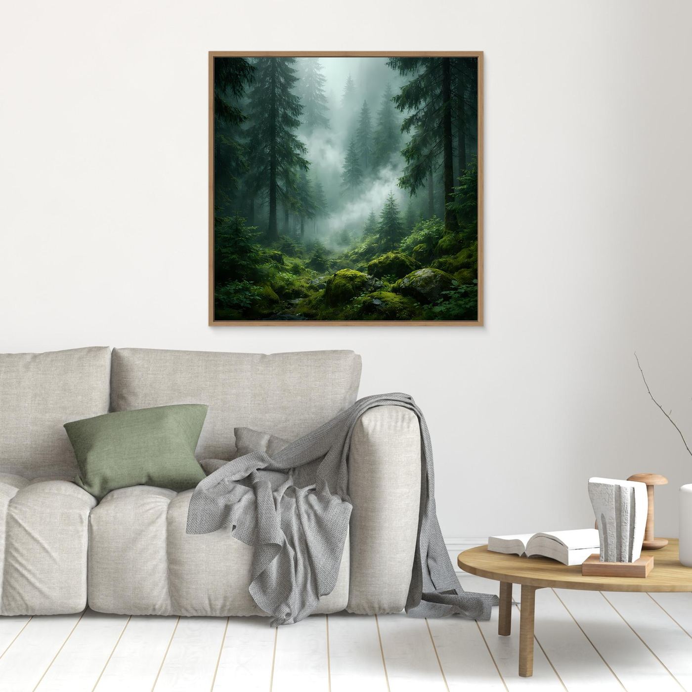 Leinwandbild Grüner Nebelwald mit Tannen, brauner Holzrahmen