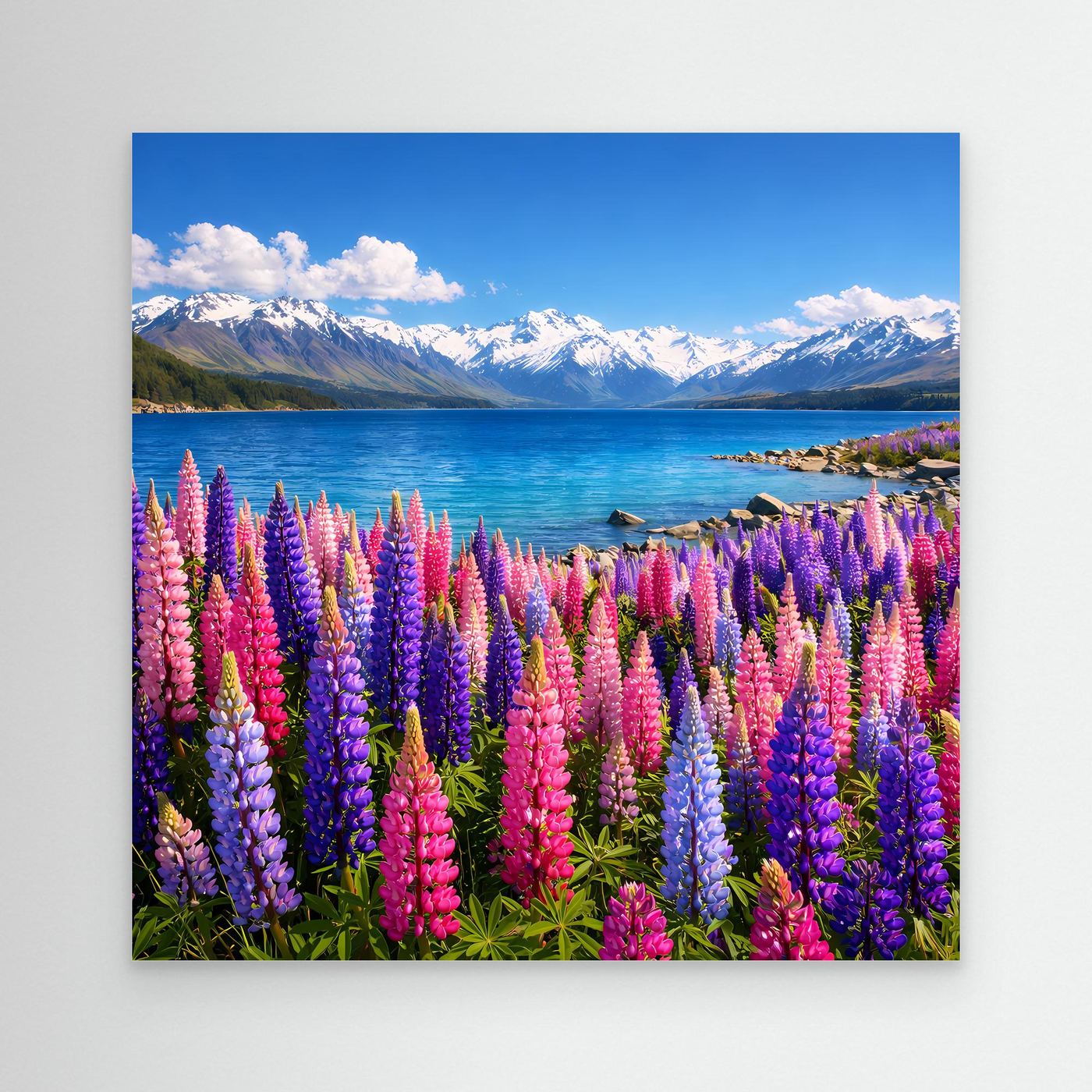 Leinwandbild mit bunten Lupinen am Bergsee, ohne sichtbaren Rahmen