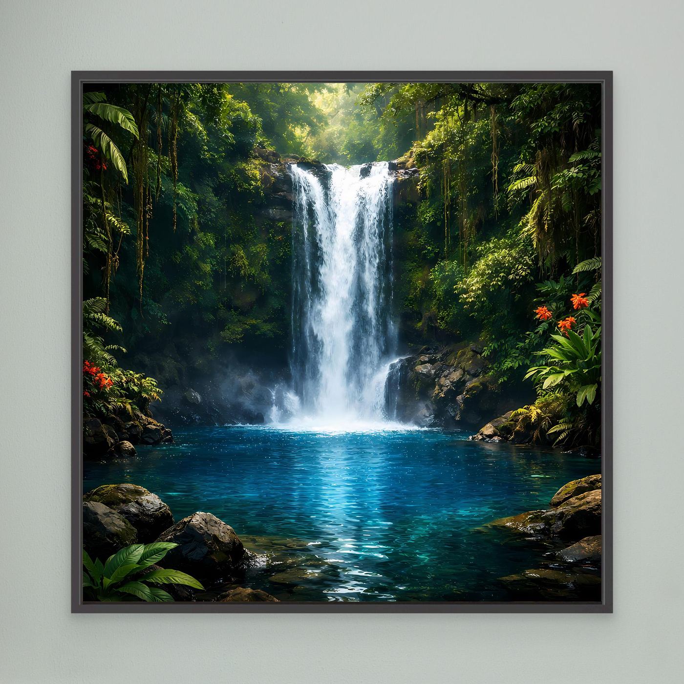 Leinwandbild mit Wasserfall im Dschungel, schwarz gerahmt, tropische Grün-Blau-Szene