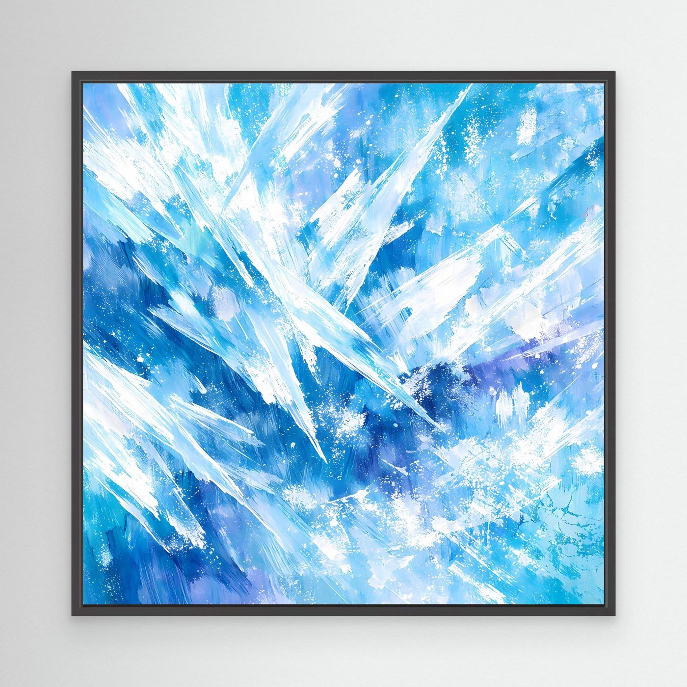Abstraktes Leinwand-Wandbild mit blauem Eis- und Kristallmuster, schwarzer Rahmen