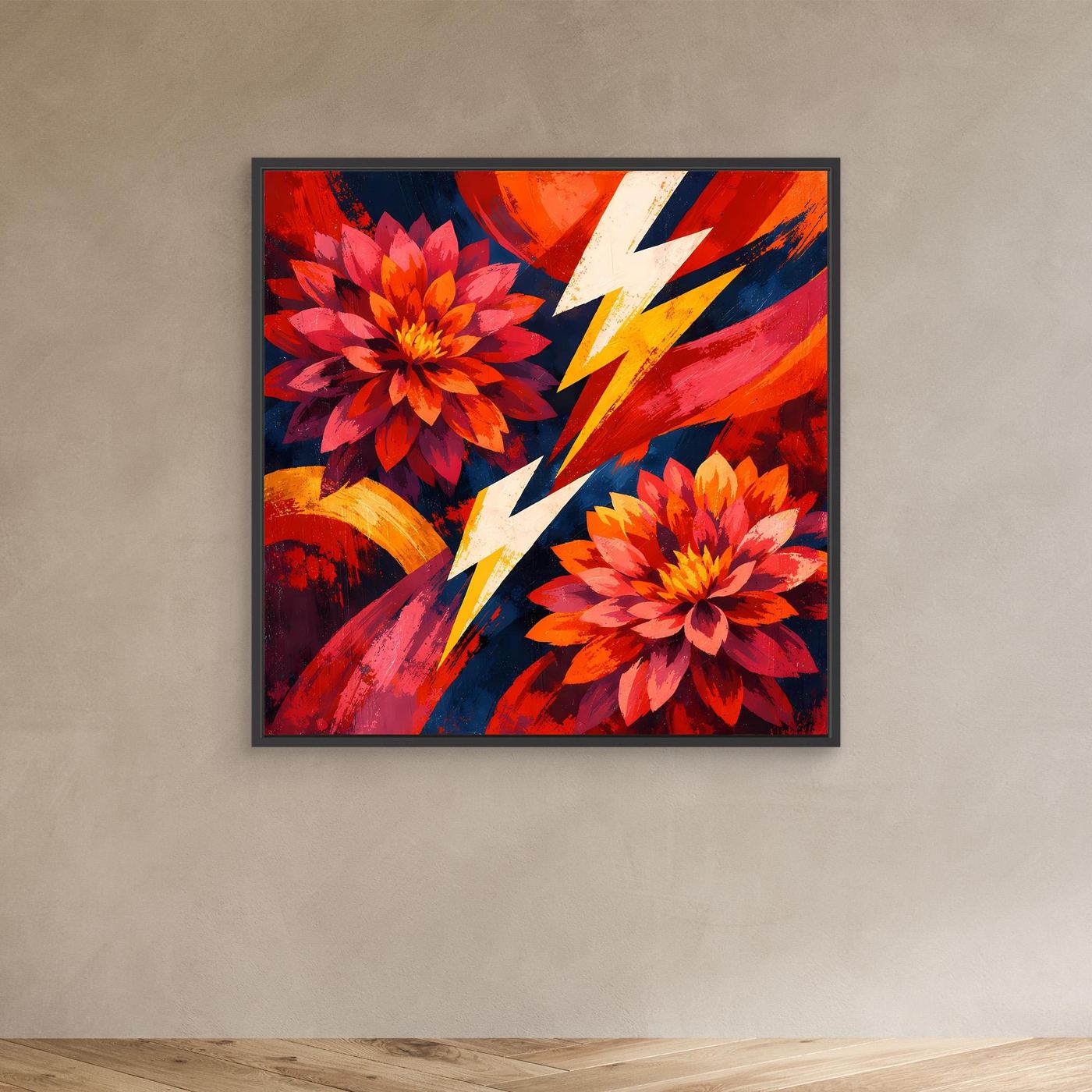 Leinwandbild mit roten und gelben Blüten, gelbem Blitzmotiv und blauem Hintergrund im schwarzen Rahmen