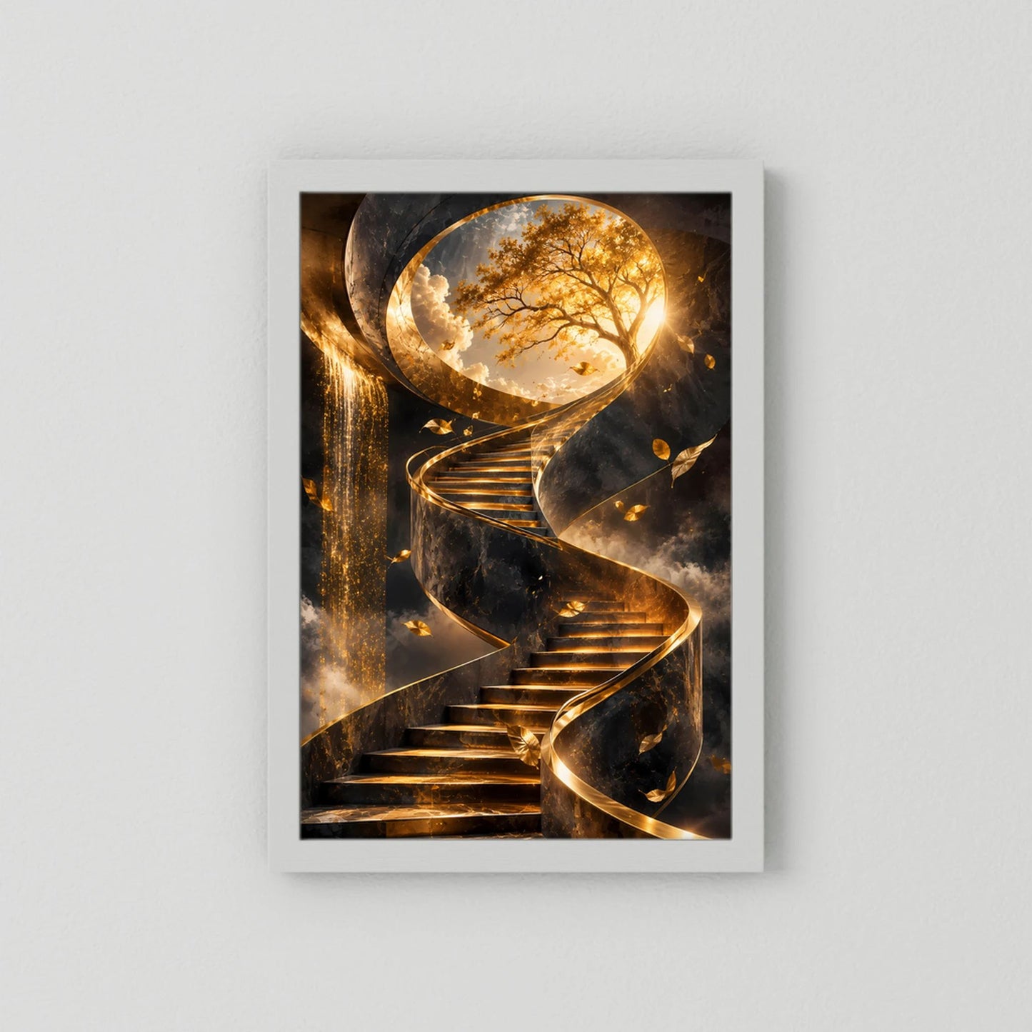 Kunstposter mit weißem Rahmen: goldene Treppe und Baumkrone in Kreisform