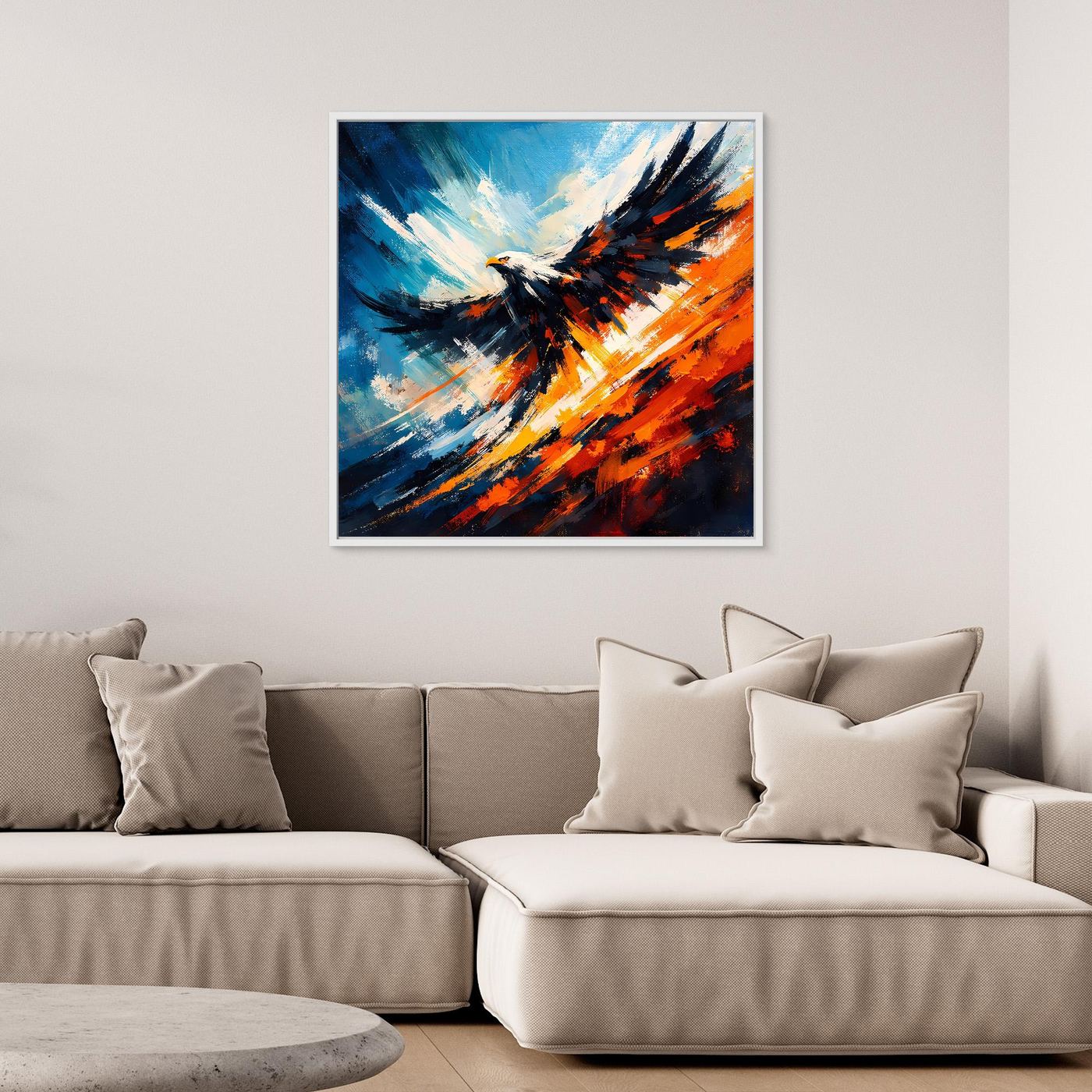 Abstraktes Wandbild mit Adler-Motiv, weißer Rahmen