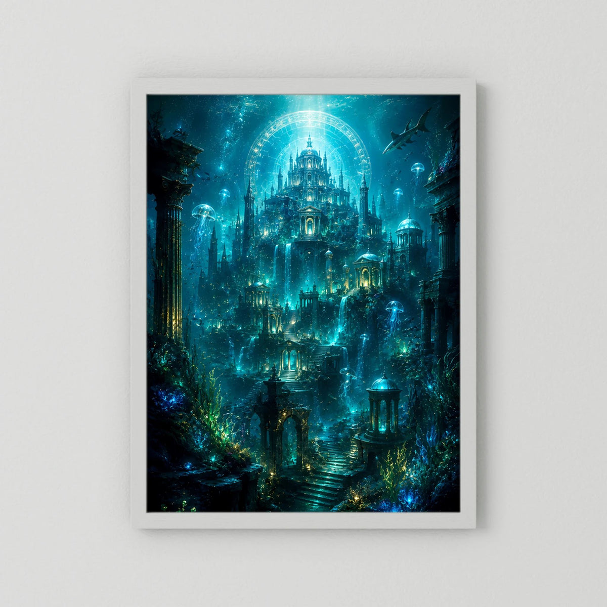 Poster mit weißem Rahmen: Unterwasserstadt mit Tempelkuppel, Quallen und Hai-Silhouetten