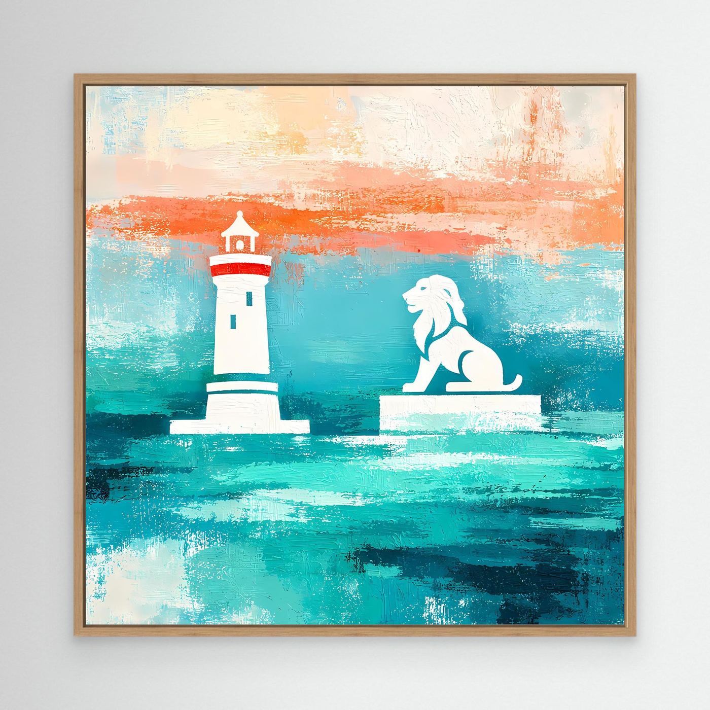 Leinwand Maritimer Leuchtturm und Löwe | Abstraktes Küsten Wandbild Lindau