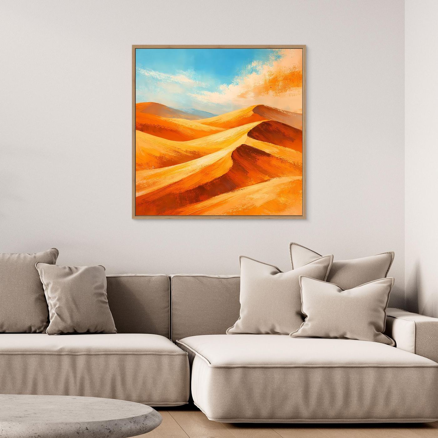 Desert landscape abstract wall art with orange sand dunes and blue sky, gold-toned frame