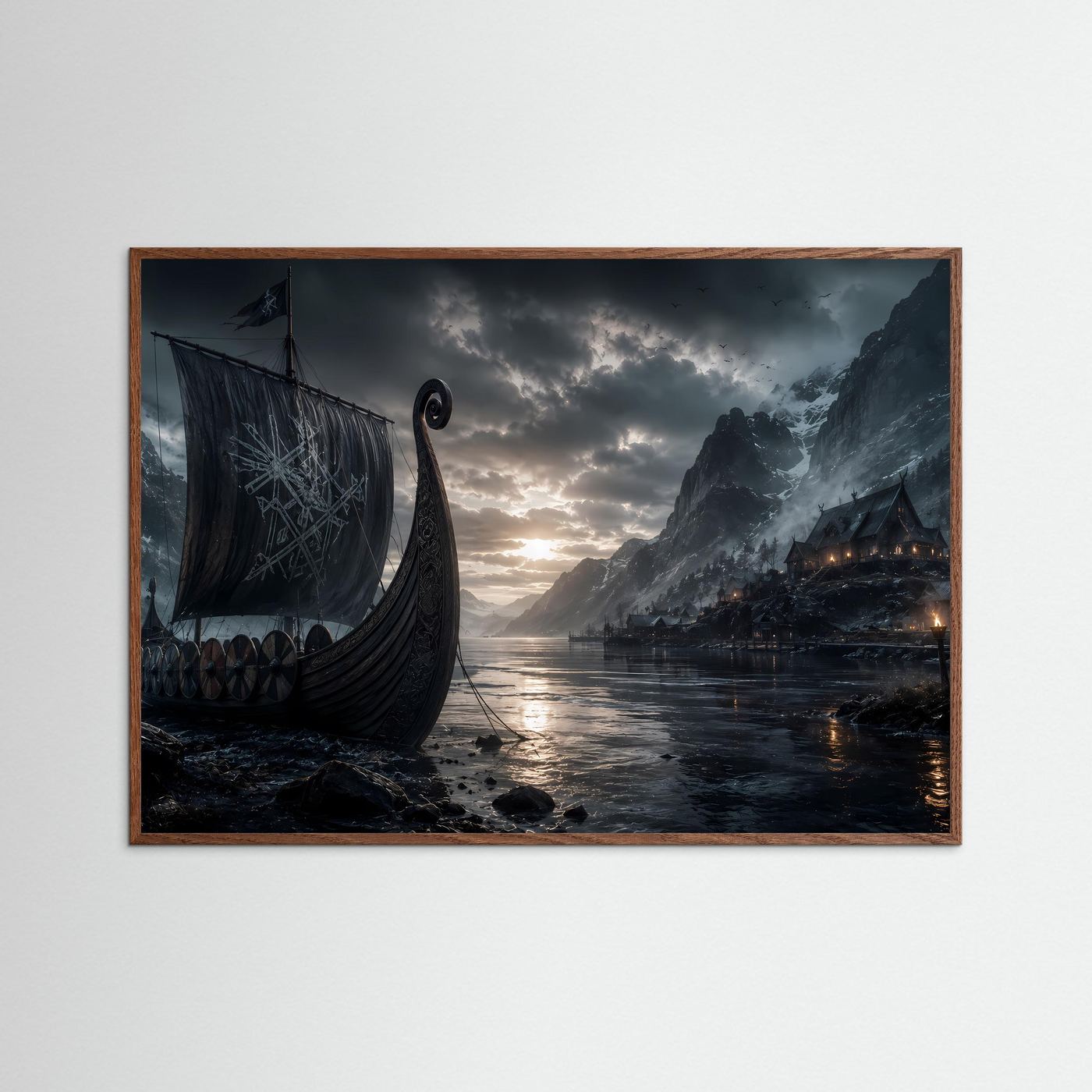 Wikinger im Fjord | Mystisches Langschiff zwischen Bergen – Nordische Wandkunst