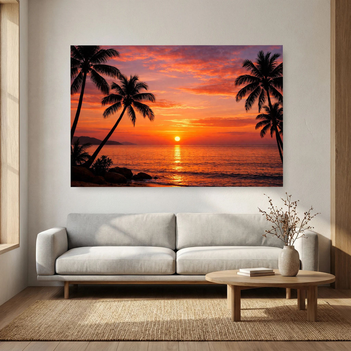 Wandbild im Querformat: Meer bei Sonnenuntergang mit Palmen in dunkler Silhouette