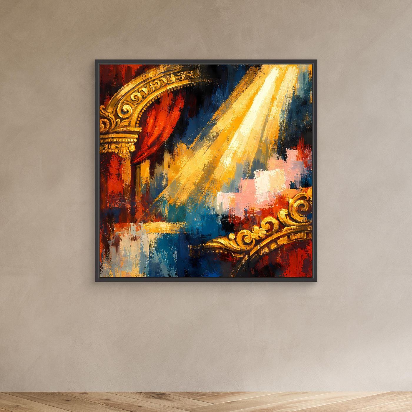 Abstraktes Leinwand-Wandbild in dunkler Rahmenoptik mit goldener Theaterbogen-Optik und gelben Lichtstreifen