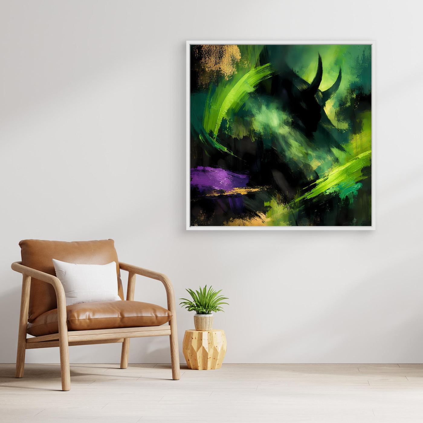 Quadratisches abstraktes Stier-Wandbild mit hellem Rahmen, grüne Farbverläufe und Hörner