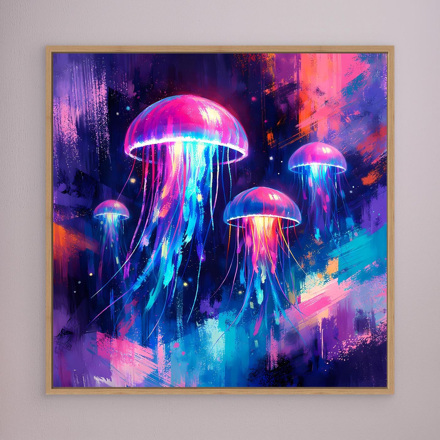 Leinwand Magische Leuchtquallen im Tiefsee-Ozean | Abstraktes Neon Wandbild