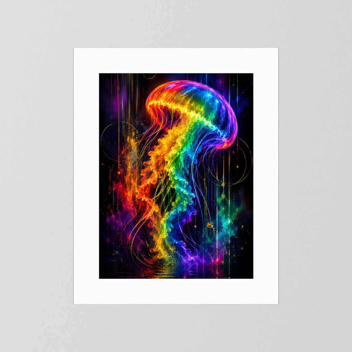 Neon-Quallenposter mit Regenbogenquappe auf weißem Passepartout