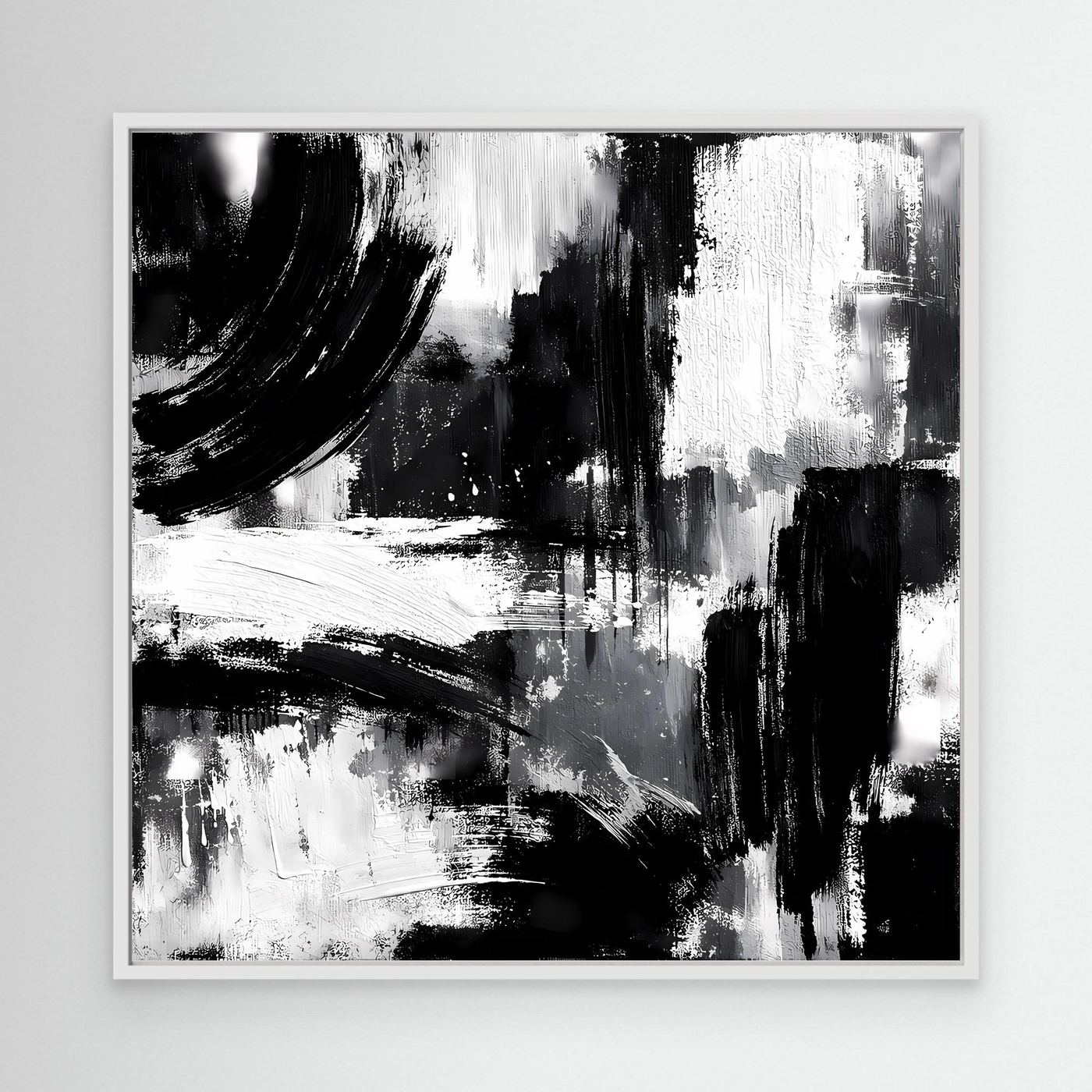 Abstract black-and-white canvas painting with bold brush strokes in white frame