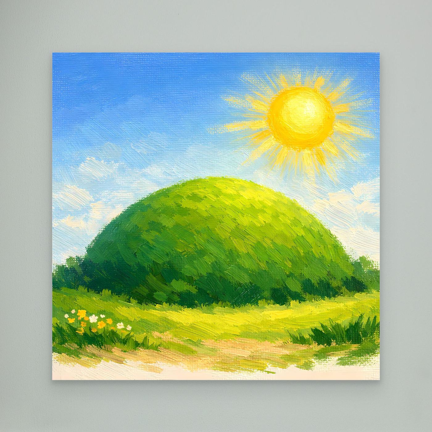 Leinwandbild ohne Rahmen: grüner Hügel mit gelber Sonne und Blumenwiese