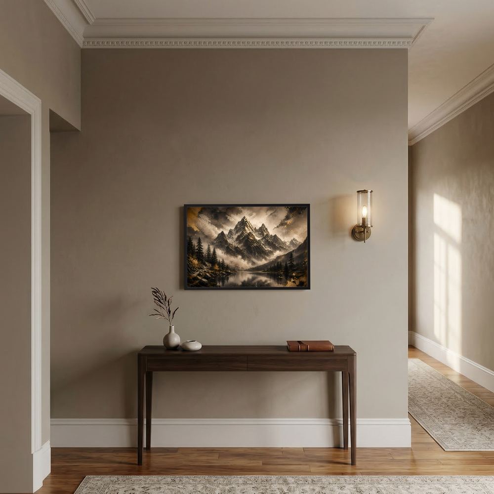 Gerahmtes Querformat-Poster mit Berglandschaft und See, schwarze Rahmenkante