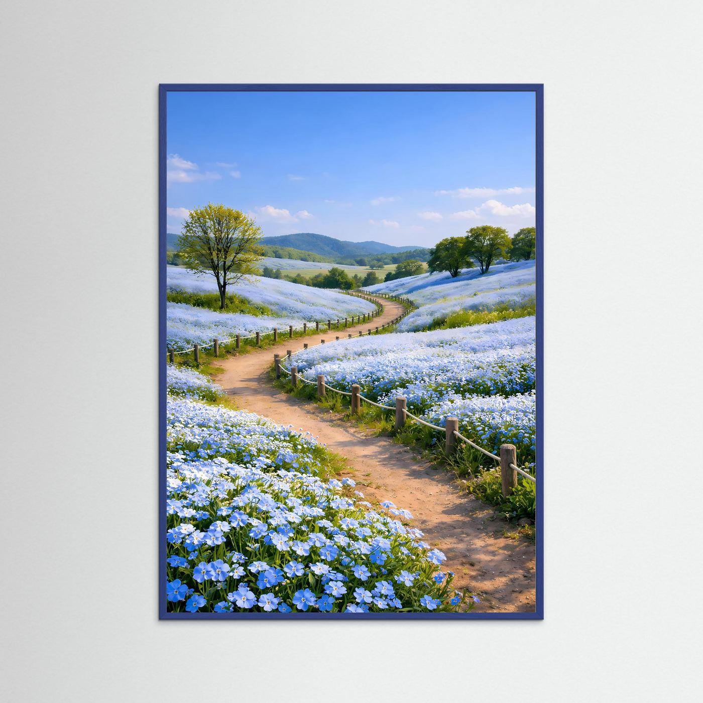 Landschafts-Poster mit schwarzem Rahmen und blauem Rand: Weg im Blütenmeer