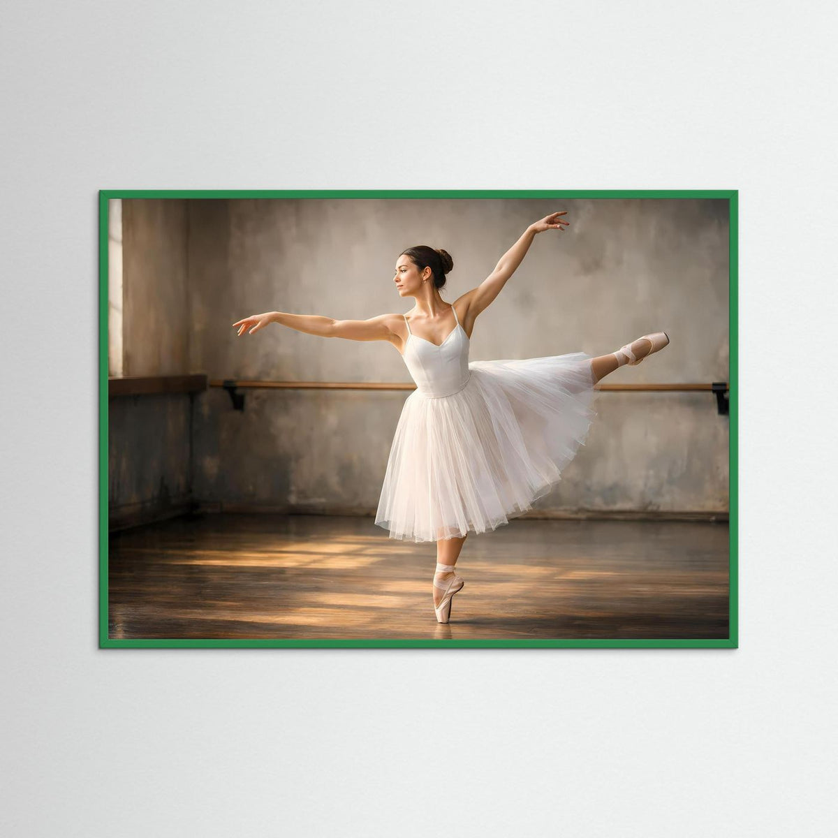 Querformat-Poster mit Ballerina im weißen Tutu, grüner Rahmen