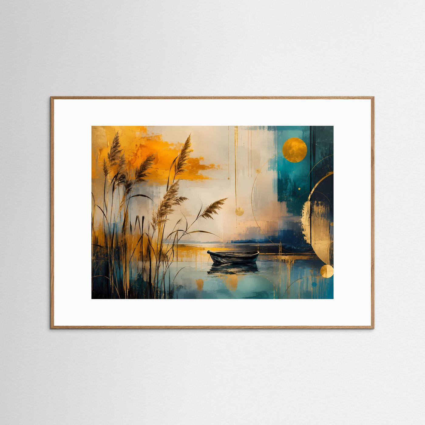 Modernes Schilf am See Poster Querformat | Abstrakte Landschaftskunst in Blau & Gold | Elegantes Panorama Wandbild