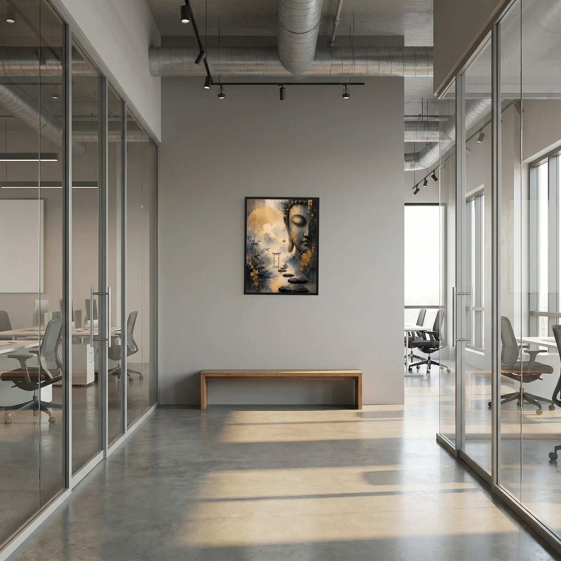 Buddha-Poster im schwarzen Rahmen, Gold- und Schwarzgrafik mit meditativem Buddha-Profil