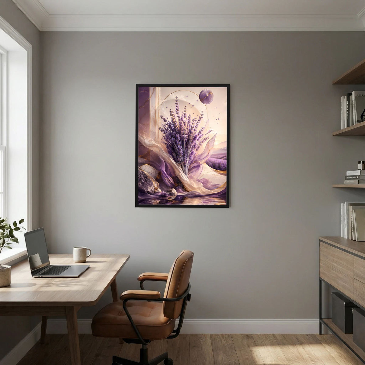 Hochformat-Poster: violetter Lavendelstrauß zwischen sanften Wellen, goldene Highlights, schwarz gerahmt