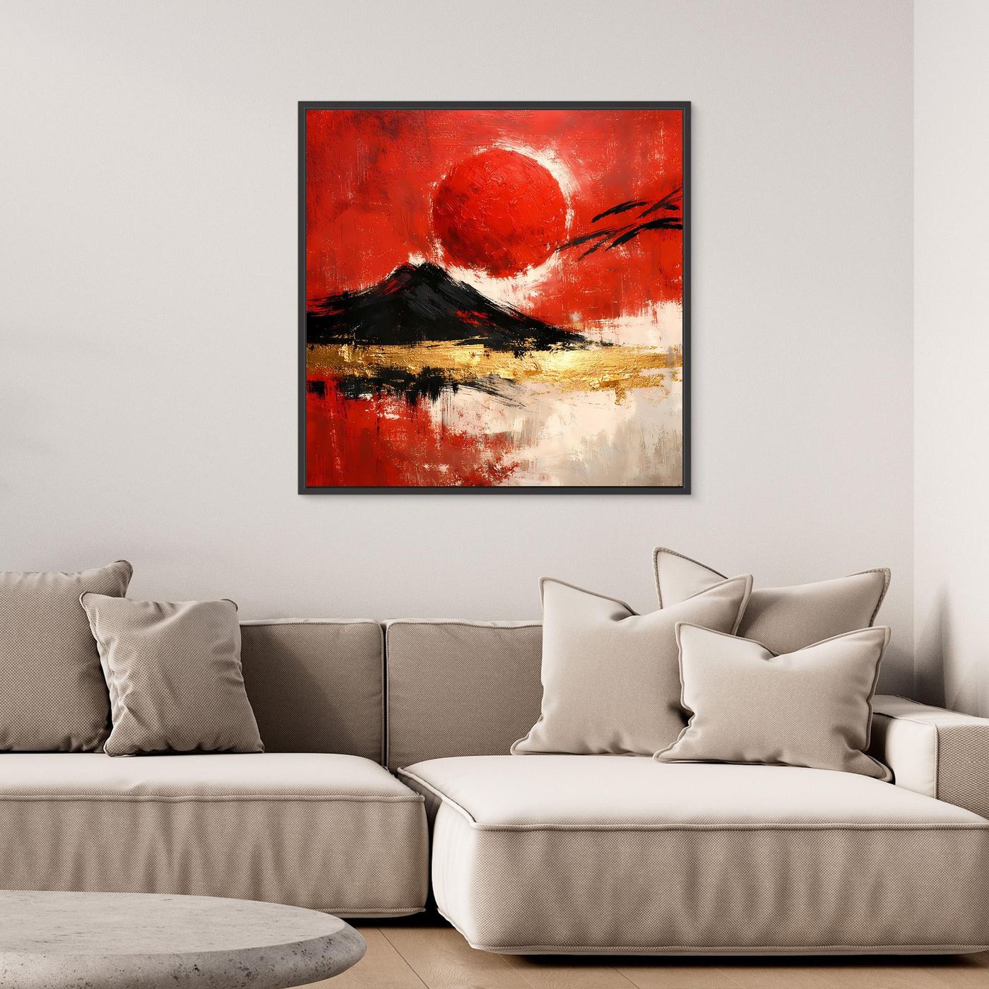 Leinwand Abstraktes Japan Wandbild in Rot und Gold | Modernes Fuji & Rote Sonne Gemälde