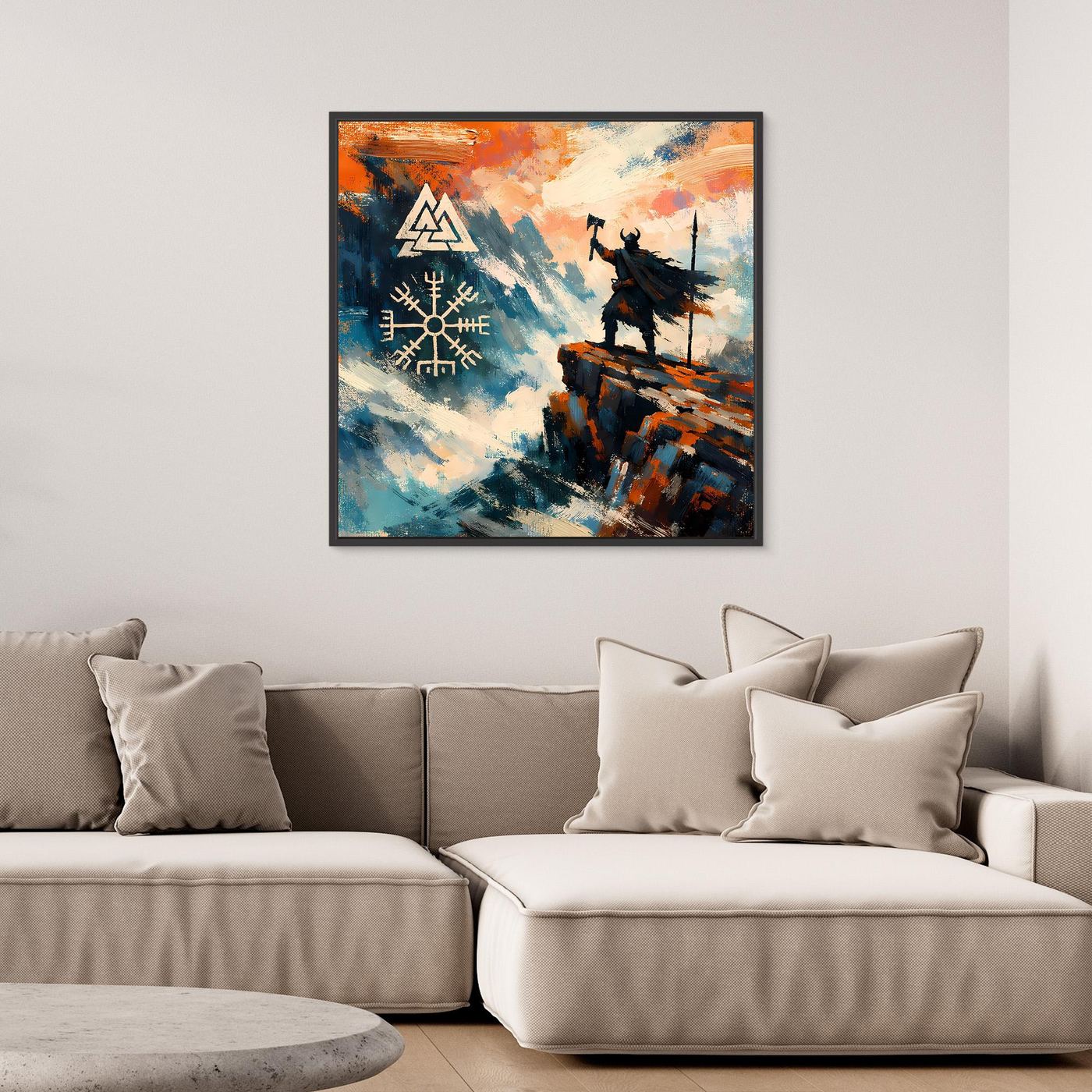 Gerahmtes Leinwand-Wandbild mit Wikingermotiv und Vegvisir, schwarzer Rahmen