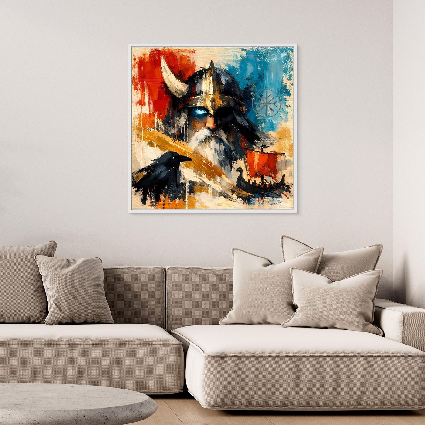 Nordic framed canvas wall art of a Viking warrior with raven, multicolor abstract brushstrokes