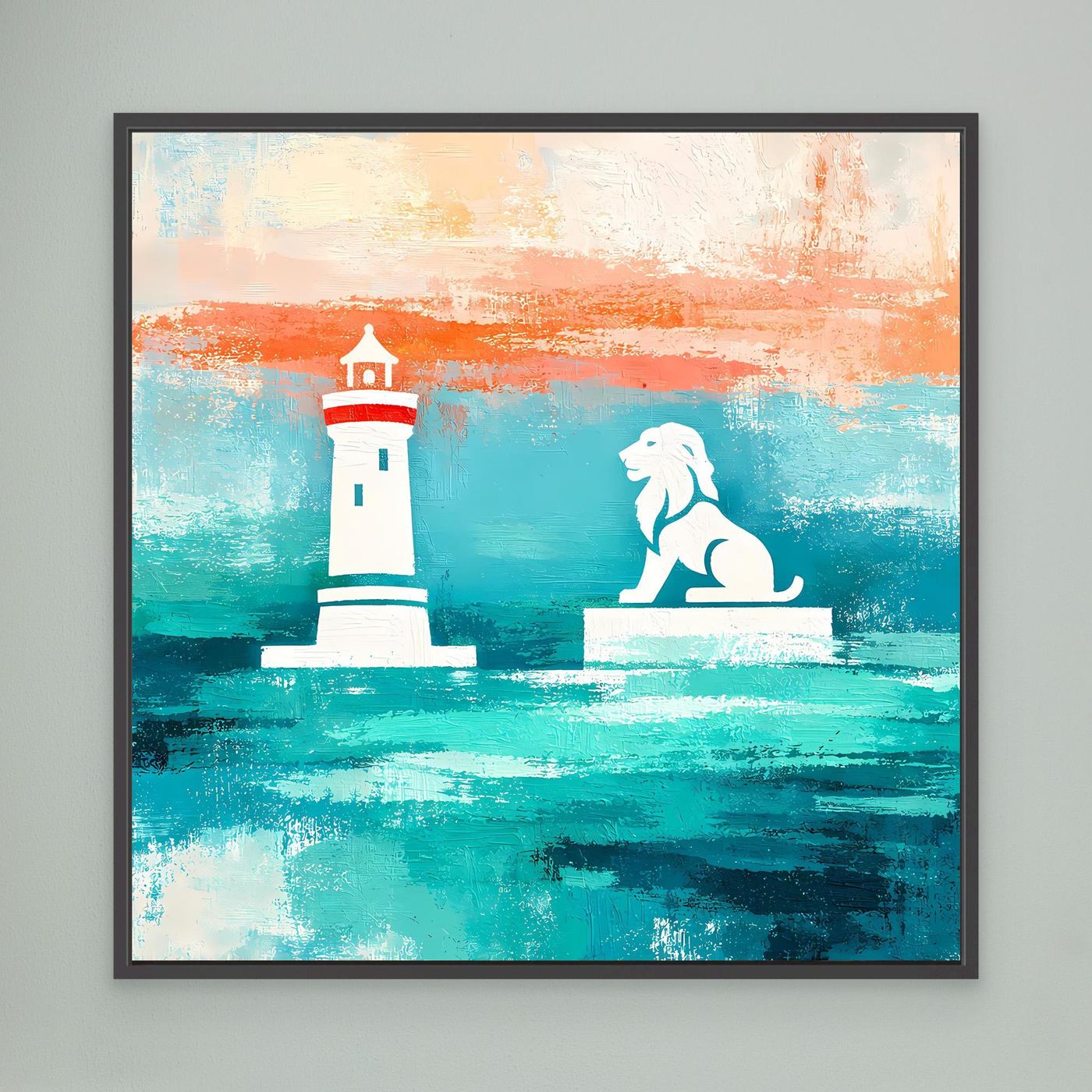 Leinwand Maritimer Leuchtturm und Löwe | Abstraktes Küsten Wandbild Lindau