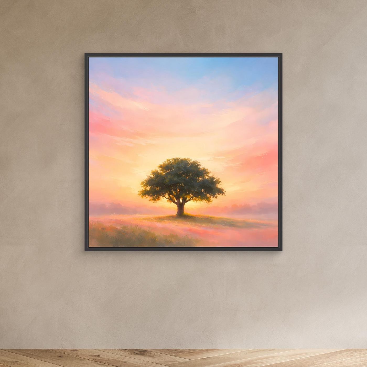 Wandbild mit einsamem Baum bei Sonnenaufgang in Pastell, schwarzer Bilderrahmen