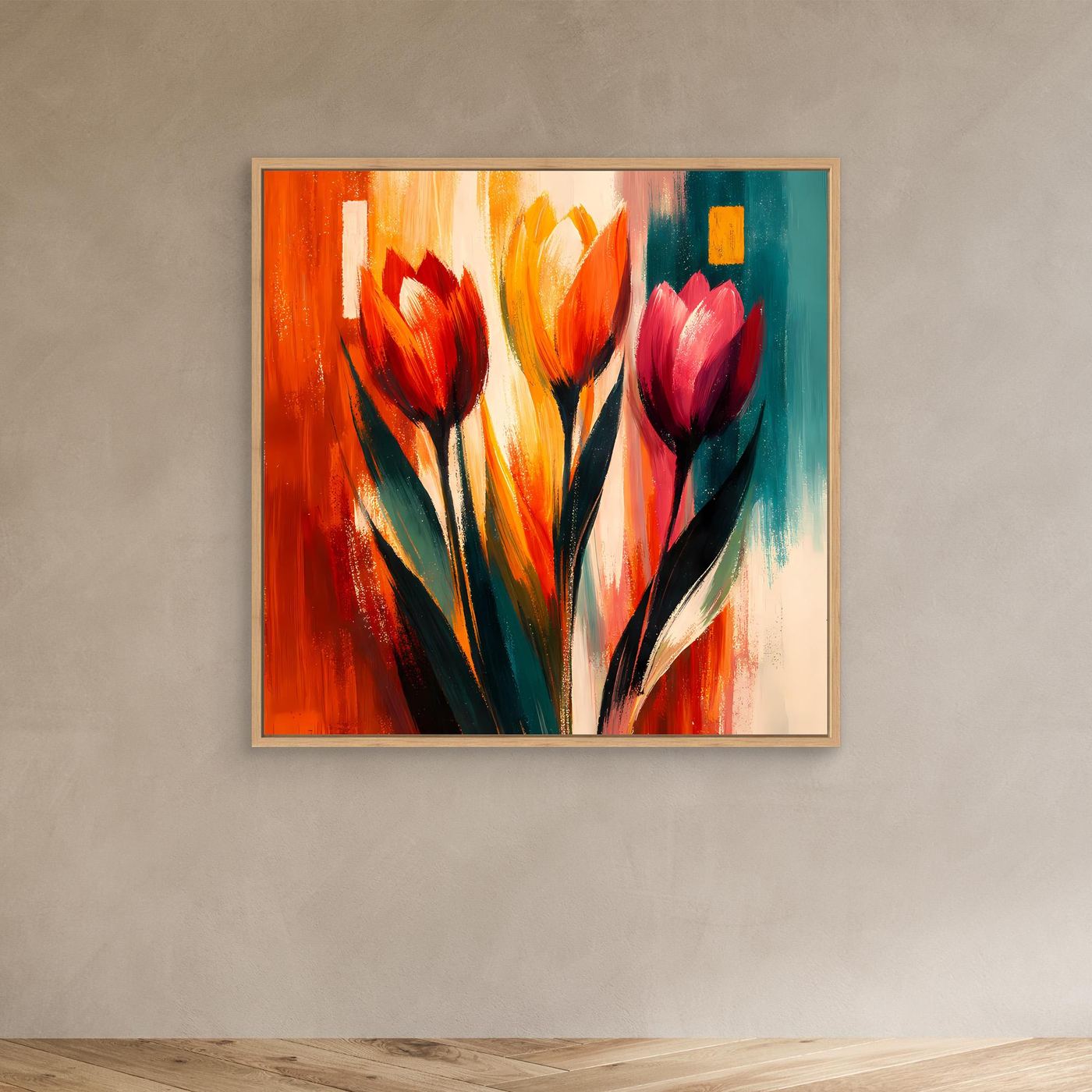 Leinwandbild mit abstrakten Tulpen in bunten Farben, mit goldfarbenem Rahmen
