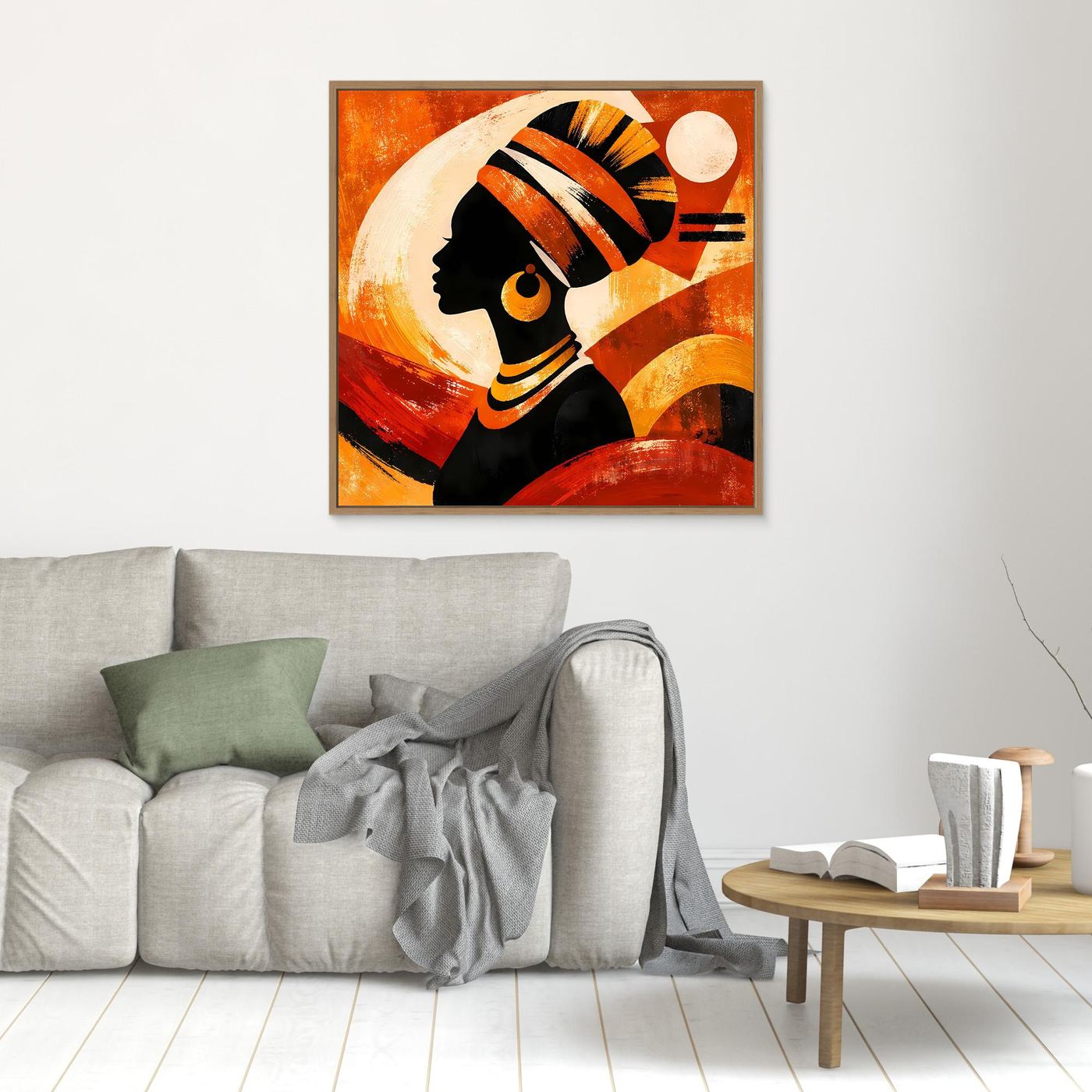 Kleines gerahmtes Leinwandbild an der Wand: Porträt einer Frau, orange-goldene Ethno-Illustration