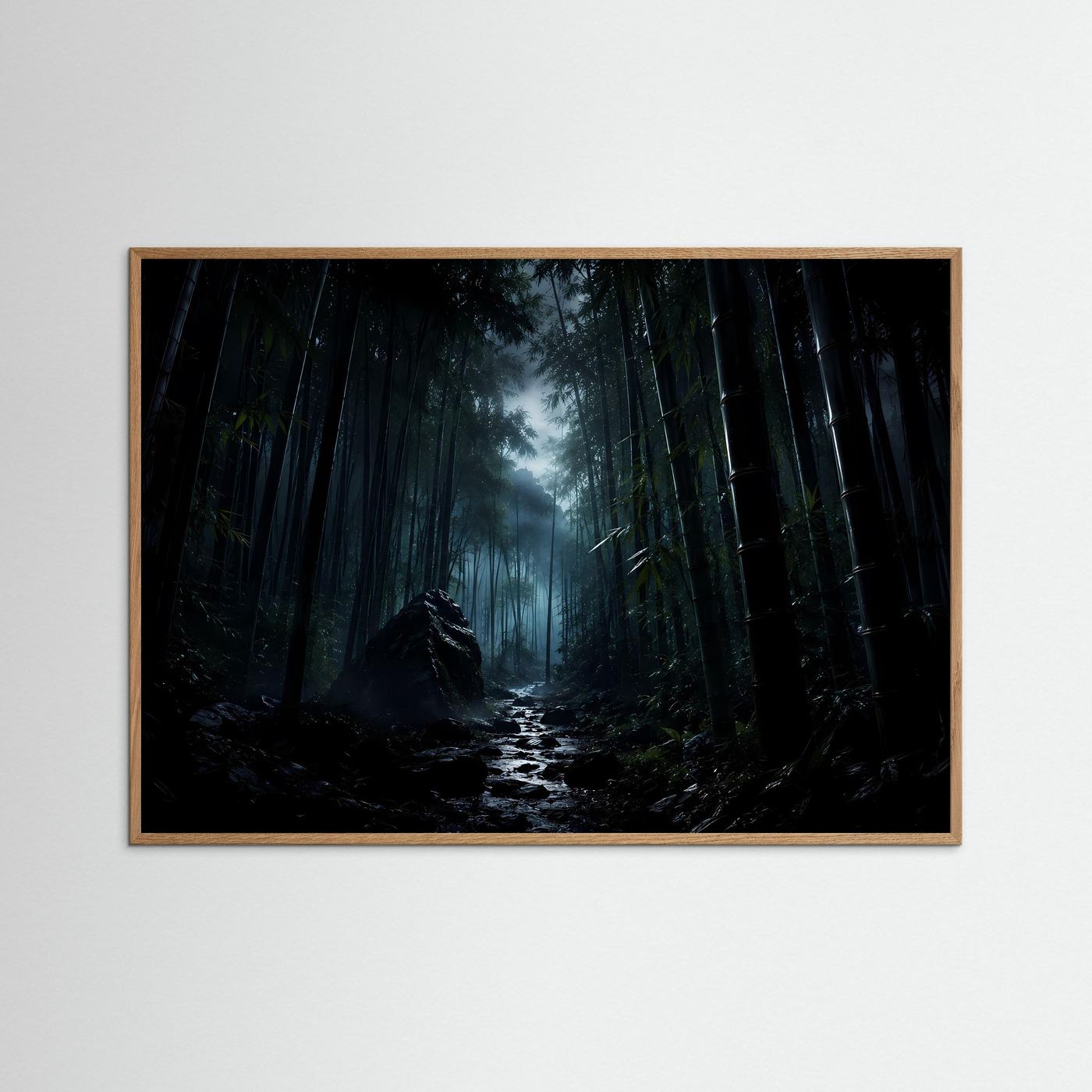Mystischer Bambuswald bei Nacht Poster | Japanischer Zen Wald Nebel Landschaft Wandbild Querformat