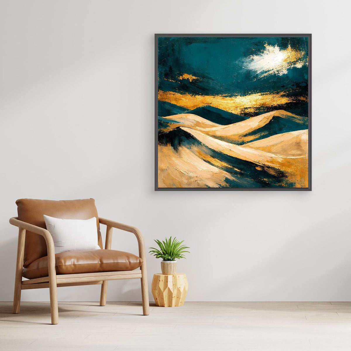 Abstraktes Dünen-Wandbild auf Leinwand mit Petrol, Beige und goldenen Lichteffekten