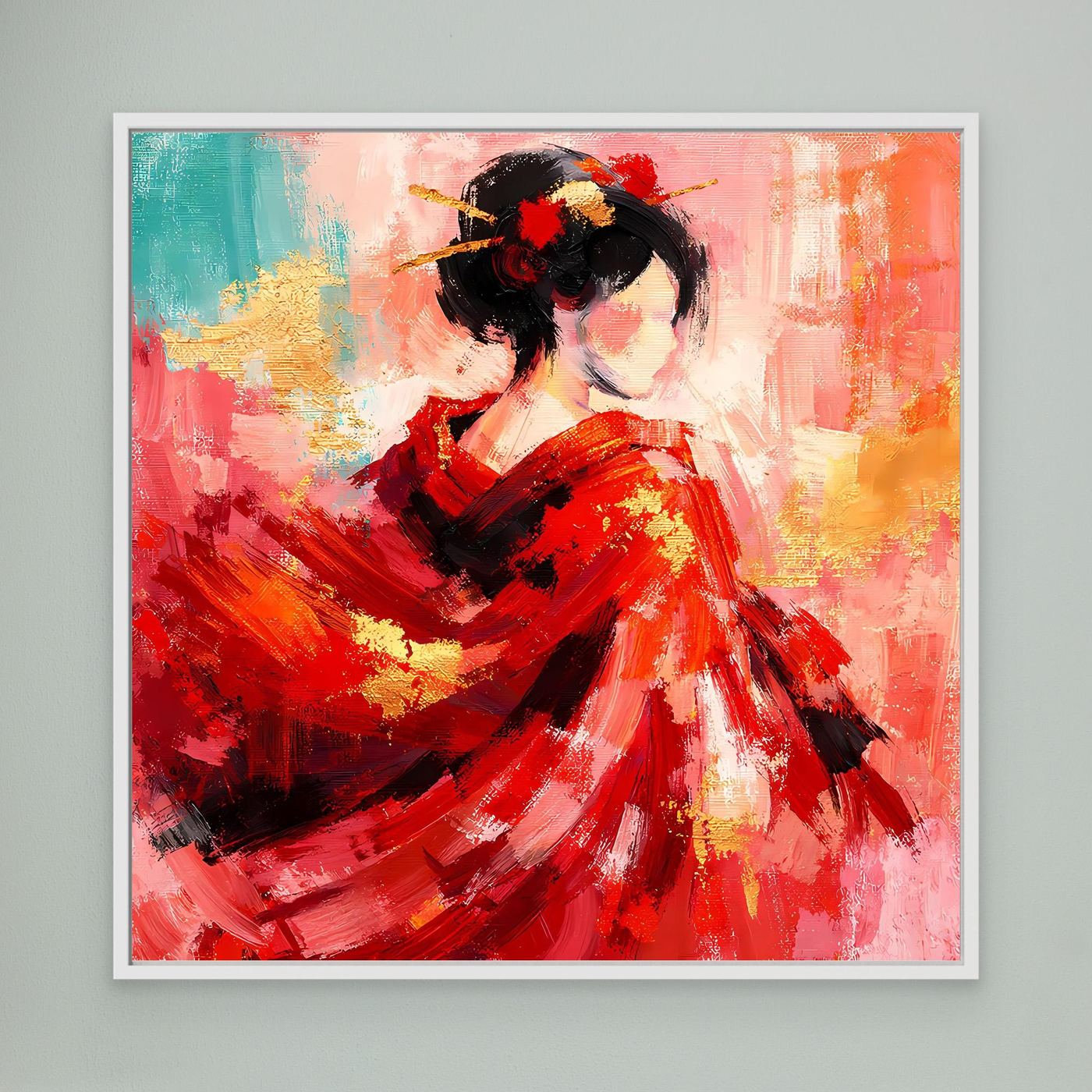 Leinwandbild mit Geisha in rotem Kleid, abstrakte Pinselstriche, weißer Rahmen